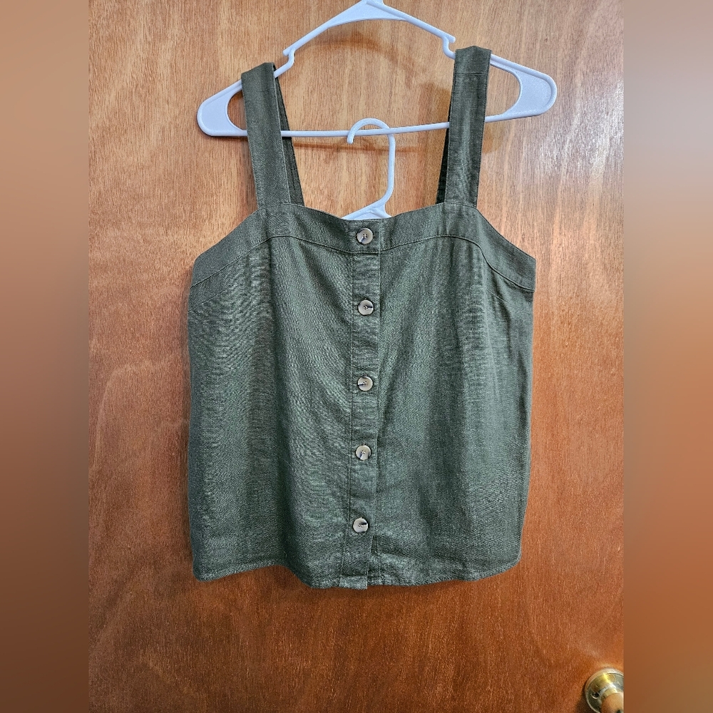 J Crew Olive Green Button Front Crop Tank top Sz S Linen Blend